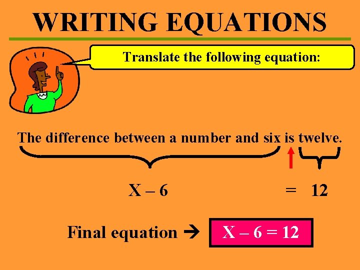 WRITING EQUATIONS Translate the following equation: The difference between a number and six is