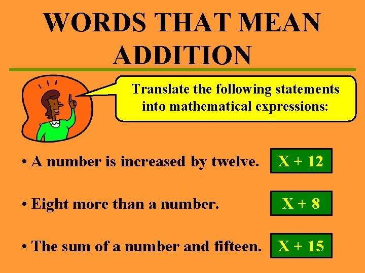 WORDS THAT MEAN ADDITION Translate the following statements into mathematical expressions: • A number
