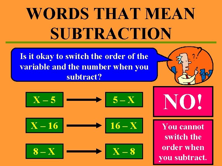 WORDS THAT MEAN SUBTRACTION Is it okay to switch the order of the variable
