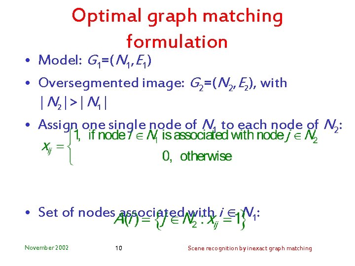 Optimal graph matching formulation • Model: G 1=(N 1, E 1) • Oversegmented image: