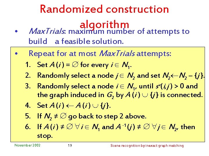  • • Randomized construction algorithm Max. Trials: maximum number of attempts to build