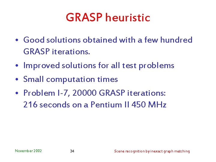 GRASP heuristic • Good solutions obtained with a few hundred GRASP iterations. • Improved