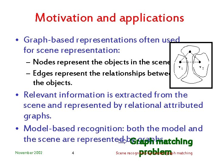 Motivation and applications • Graph-based representations often used for scene representation: – Nodes represent
