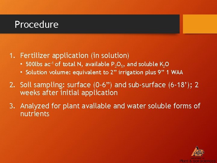 Procedure 1. Fertilizer application (in solution) • 500 lbs ac-1 of total N, available