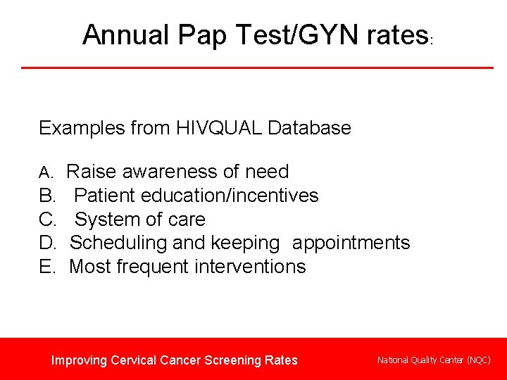 Annual Pap Test/GYN rates: Examples from HIVQUAL Database A. Raise awareness of need B.