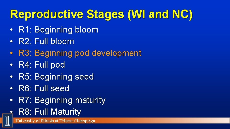 Reproductive Stages (WI and NC) • • R 1: Beginning bloom R 2: Full