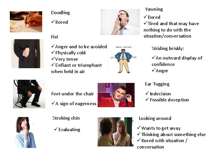 Doodling üBored Fist üAnger and to be avoided üPhysically cold üVery tense üDefiant or