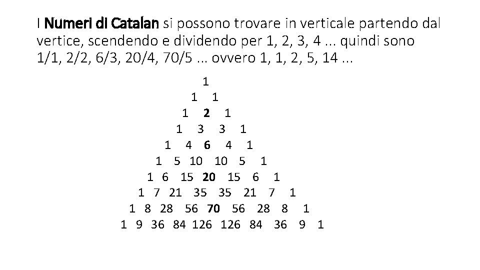 I Numeri di Catalan si possono trovare in verticale partendo dal vertice, scendendo e