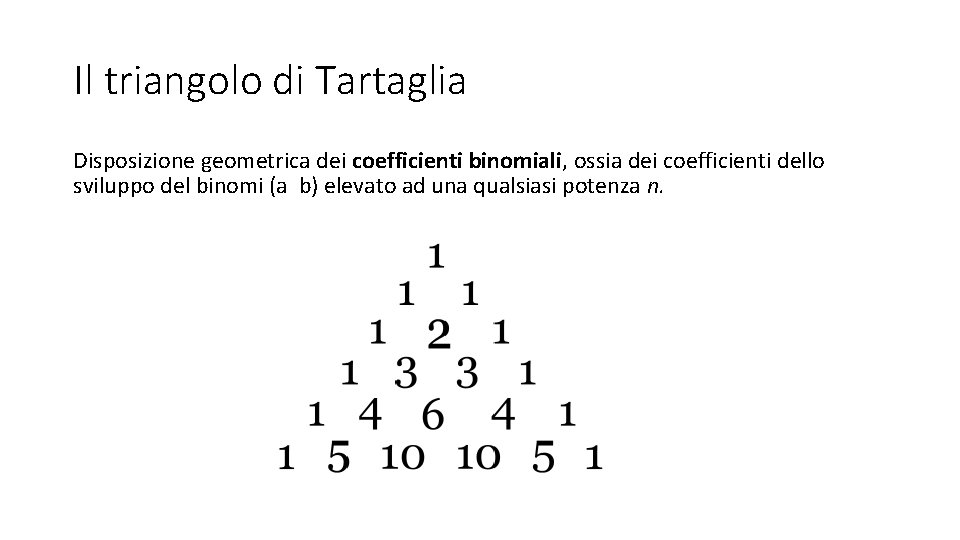 Il triangolo di Tartaglia Disposizione geometrica dei coefficienti binomiali, ossia dei coefficienti dello sviluppo