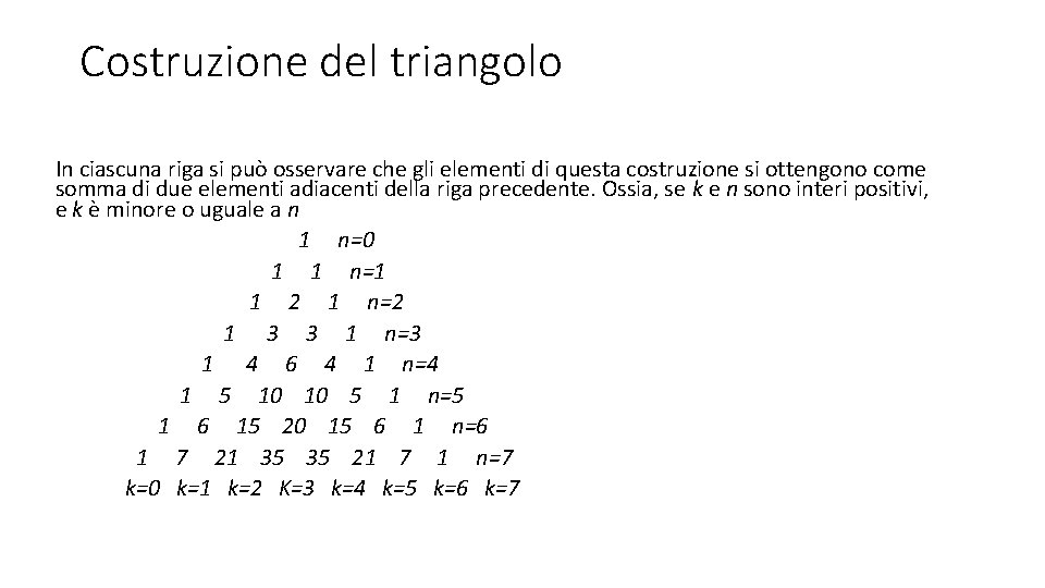 Costruzione del triangolo In ciascuna riga si può osservare che gli elementi di questa