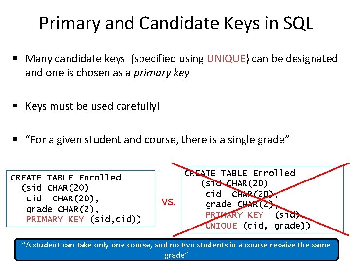 Primary and Candidate Keys in SQL § Many candidate keys (specified using UNIQUE) can