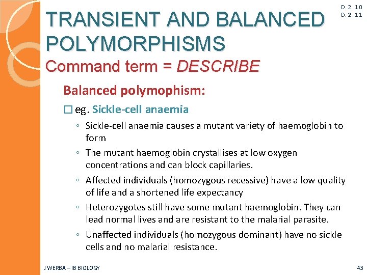 TRANSIENT AND BALANCED POLYMORPHISMS D. 2. 10 D. 2. 11 Command term = DESCRIBE