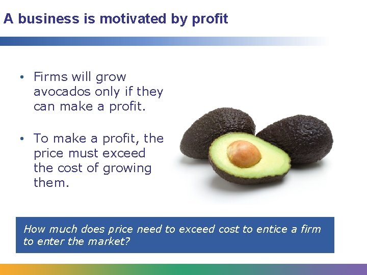 A business is motivated by profit • Firms will grow avocados only if they