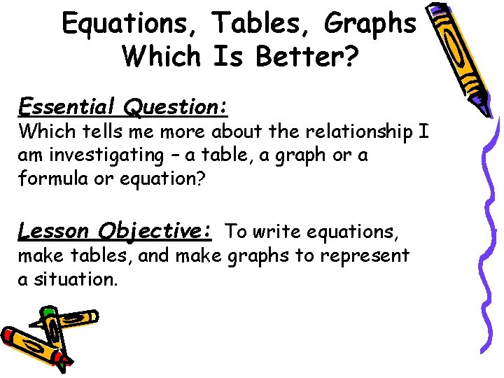 Equations, Tables, Graphs Which Is Better? Essential Question: Which tells me more about the
