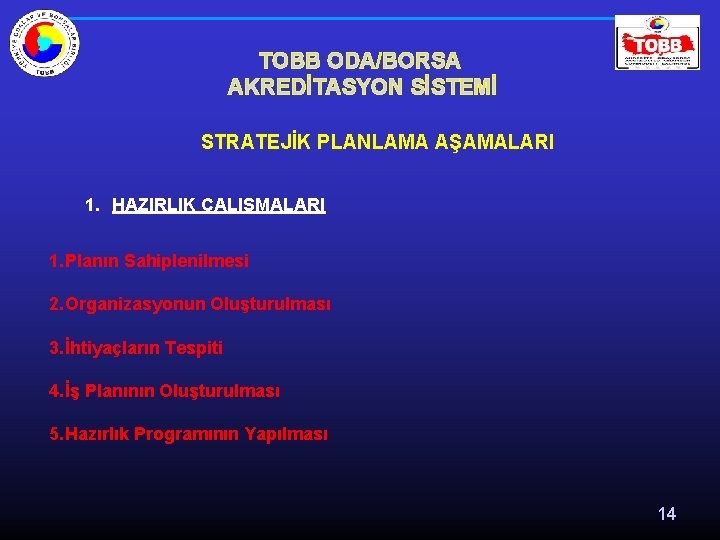 TOBB ODA/BORSA AKREDİTASYON SİSTEMİ STRATEJİK PLANLAMA AŞAMALARI 1. HAZIRLIK ÇALIŞMALARI 1. Planın Sahiplenilmesi 2.