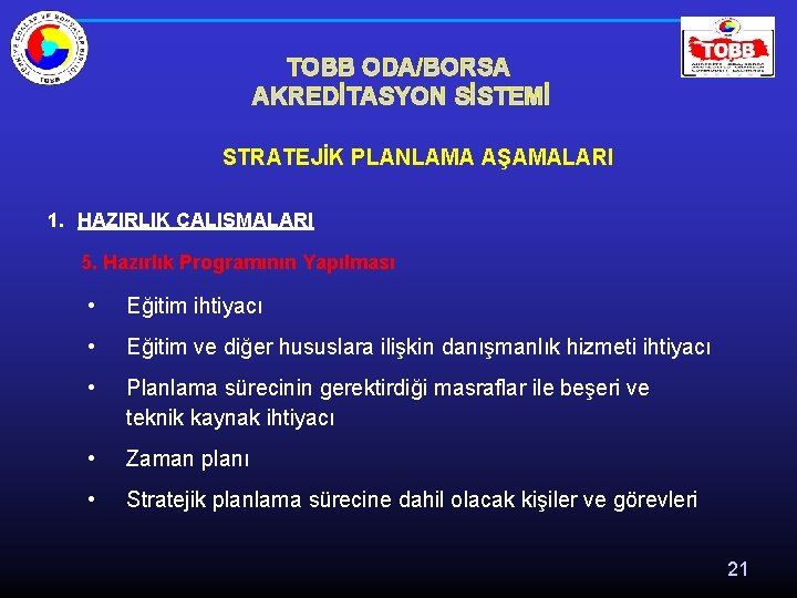 TOBB ODA/BORSA AKREDİTASYON SİSTEMİ STRATEJİK PLANLAMA AŞAMALARI 1. HAZIRLIK ÇALIŞMALARI 5. Hazırlık Programının Yapılması