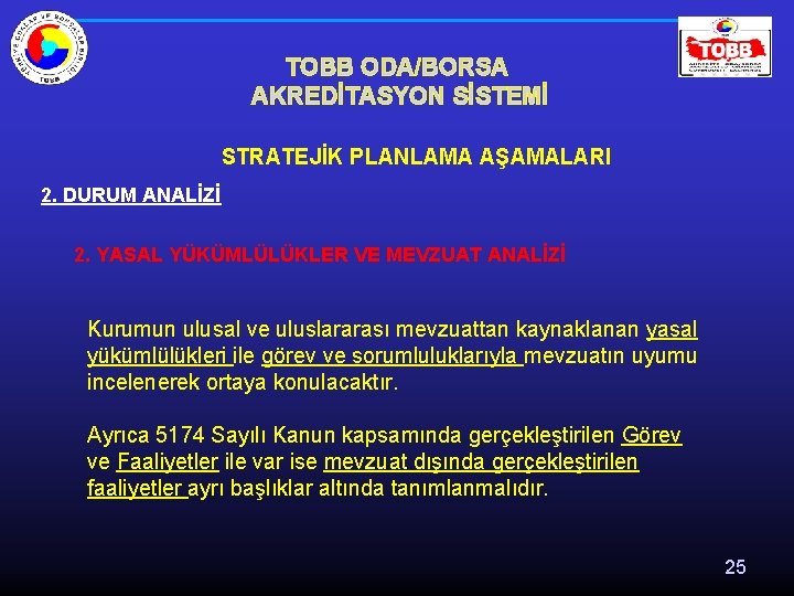 TOBB ODA/BORSA AKREDİTASYON SİSTEMİ STRATEJİK PLANLAMA AŞAMALARI 2. DURUM ANALİZİ 2. YASAL YÜKÜMLÜLÜKLER VE