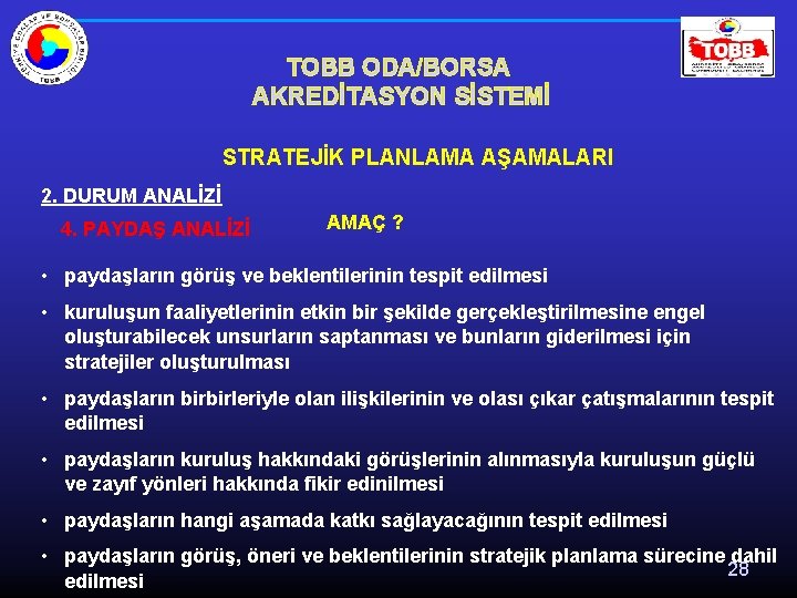 TOBB ODA/BORSA AKREDİTASYON SİSTEMİ STRATEJİK PLANLAMA AŞAMALARI 2. DURUM ANALİZİ 4. PAYDAŞ ANALİZİ AMAÇ