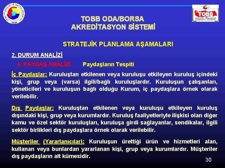 TOBB ODA/BORSA AKREDİTASYON SİSTEMİ STRATEJİK PLANLAMA AŞAMALARI 2. DURUM ANALİZİ 4. PAYDAŞ ANALİZİ Paydaşların