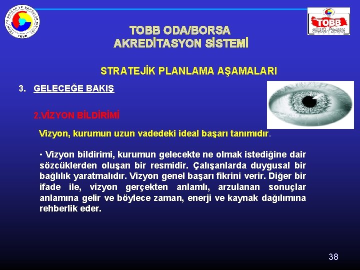 TOBB ODA/BORSA AKREDİTASYON SİSTEMİ STRATEJİK PLANLAMA AŞAMALARI 3. GELECEĞE BAKIŞ 2. VİZYON BİLDİRİMİ Vizyon,