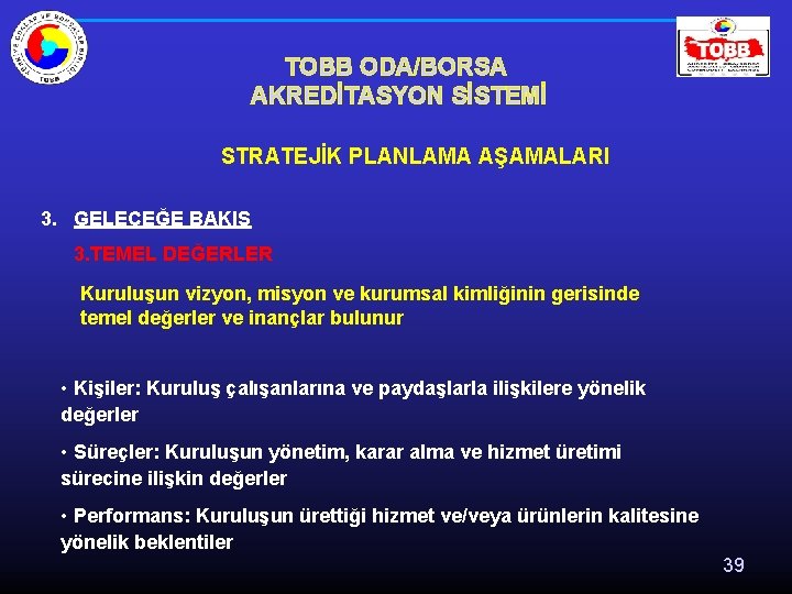 TOBB ODA/BORSA AKREDİTASYON SİSTEMİ STRATEJİK PLANLAMA AŞAMALARI 3. GELECEĞE BAKIŞ 3. TEMEL DEĞERLER Kuruluşun