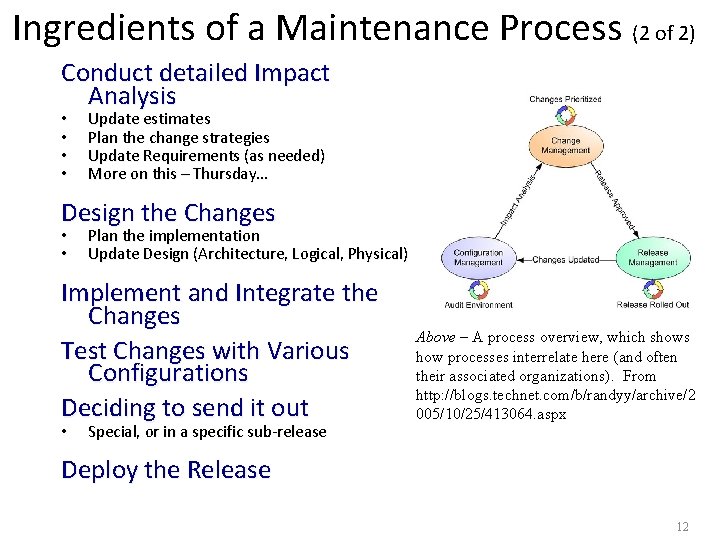 Ingredients of a Maintenance Process (2 of 2) Conduct detailed Impact Analysis • •
