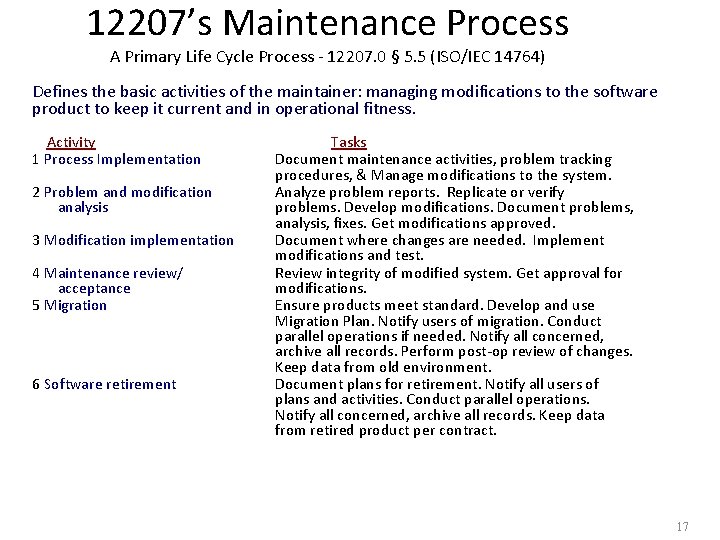 12207’s Maintenance Process A Primary Life Cycle Process - 12207. 0 § 5. 5