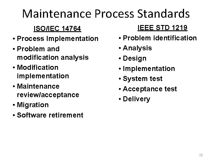 Maintenance Process Standards ISO/IEC 14764 • Process Implementation • Problem and modification analysis •