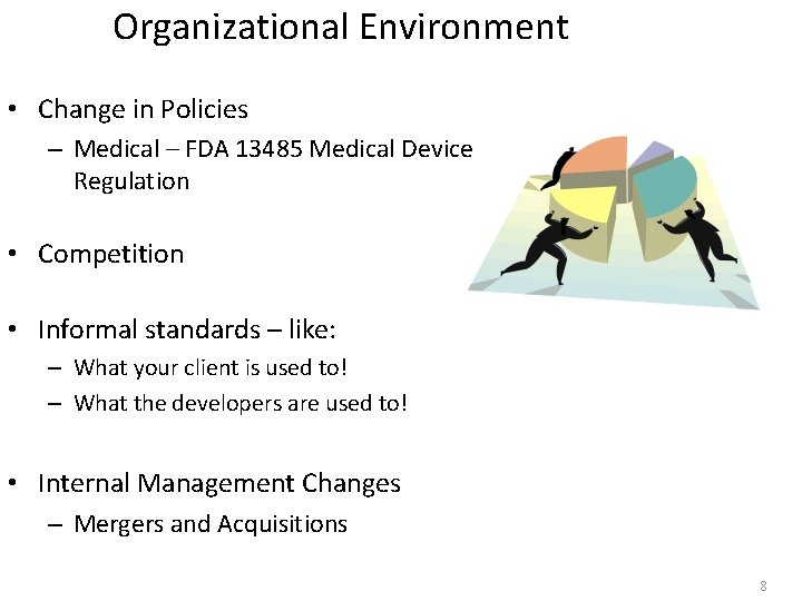 Organizational Environment • Change in Policies – Medical – FDA 13485 Medical Device Regulation