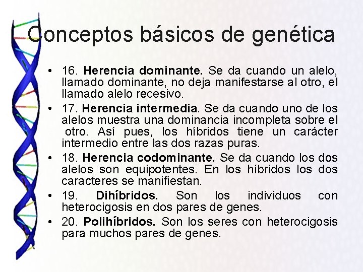 Conceptos básicos de genética • 16. Herencia dominante. Se da cuando un alelo, llamado
