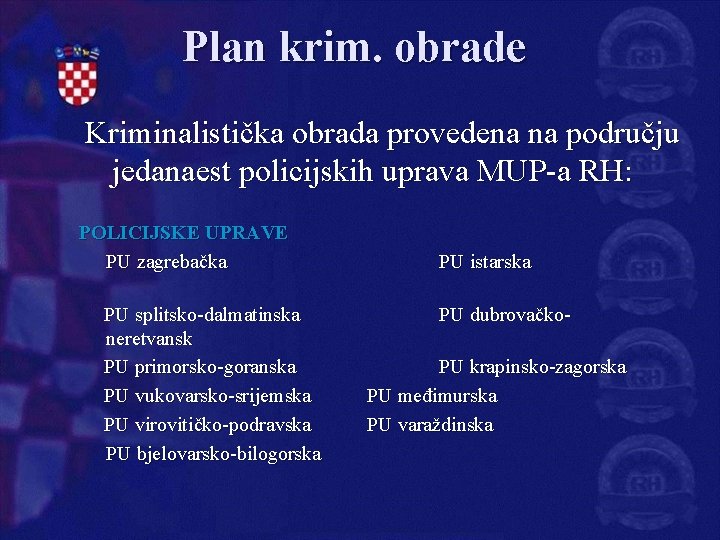 Plan krim. obrade Kriminalistička obrada provedena na području jedanaest policijskih uprava MUP-a RH: POLICIJSKE