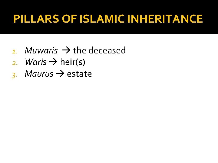 PILLARS OF ISLAMIC INHERITANCE 1. 2. 3. Muwaris the deceased Waris heir(s) Maurus estate