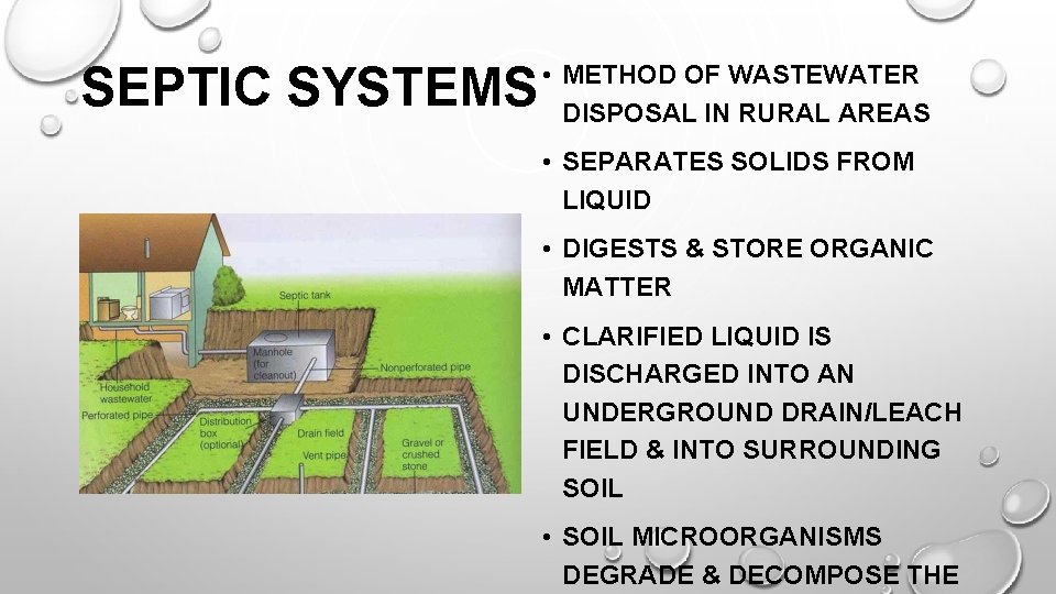 SEPTIC SYSTEMS • METHOD OF WASTEWATER DISPOSAL IN RURAL AREAS • SEPARATES SOLIDS FROM