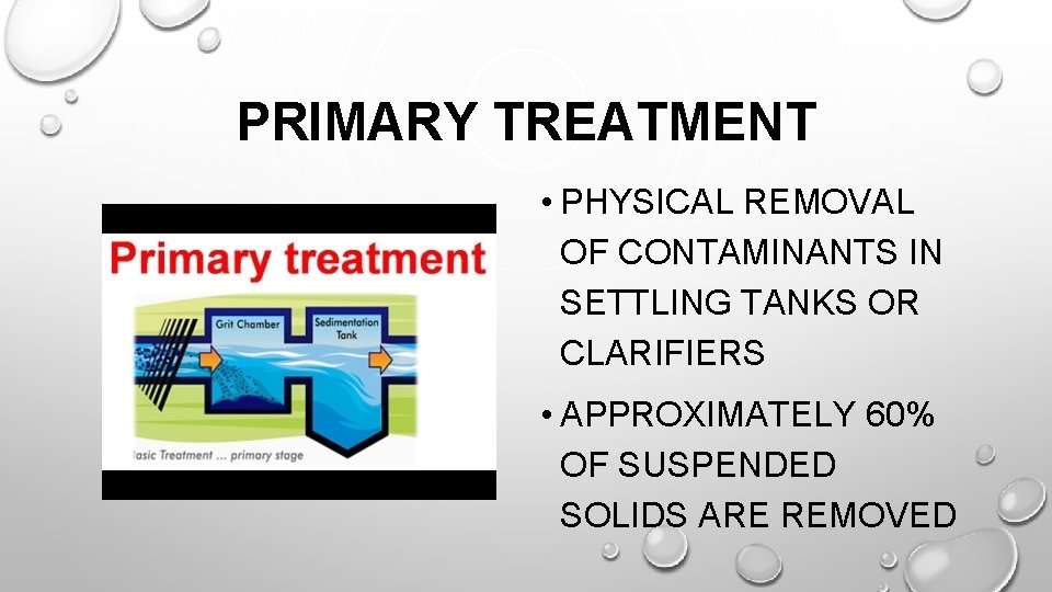 PRIMARY TREATMENT • PHYSICAL REMOVAL OF CONTAMINANTS IN SETTLING TANKS OR CLARIFIERS • APPROXIMATELY