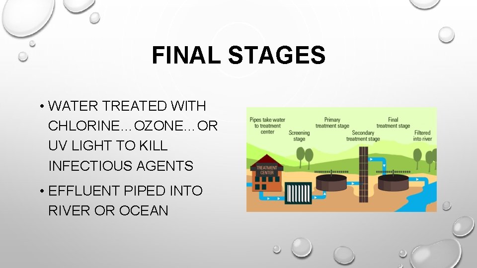 FINAL STAGES • WATER TREATED WITH CHLORINE…OZONE…OR UV LIGHT TO KILL INFECTIOUS AGENTS •