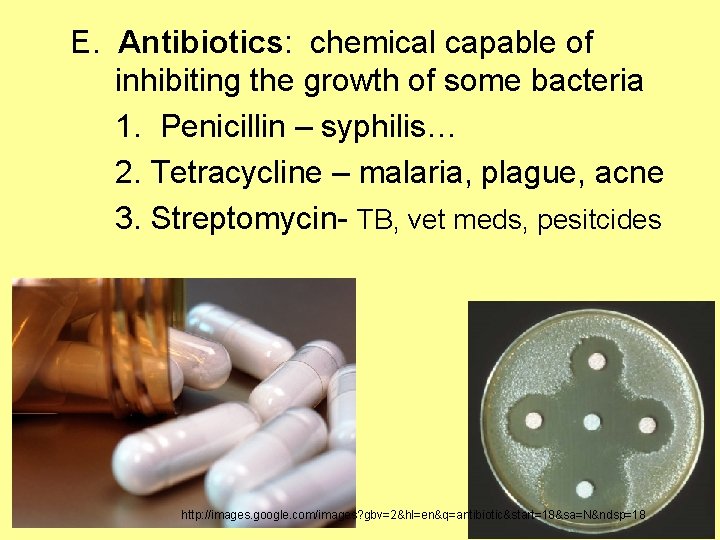 E. Antibiotics: chemical capable of inhibiting the growth of some bacteria 1. Penicillin –