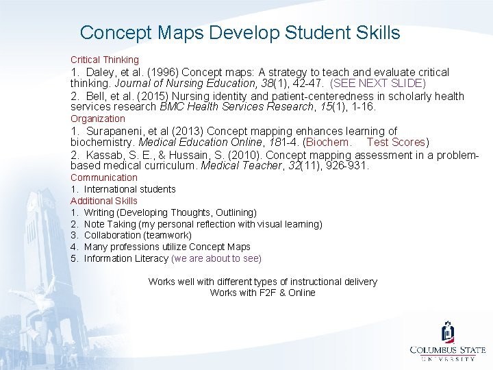 Concept Maps Develop Student Skills Critical Thinking 1. Daley, et al. (1996) Concept maps: