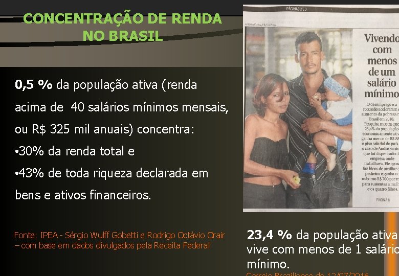 CONCENTRAÇÃO DE RENDA NO BRASIL 0, 5 % da população ativa (renda acima de