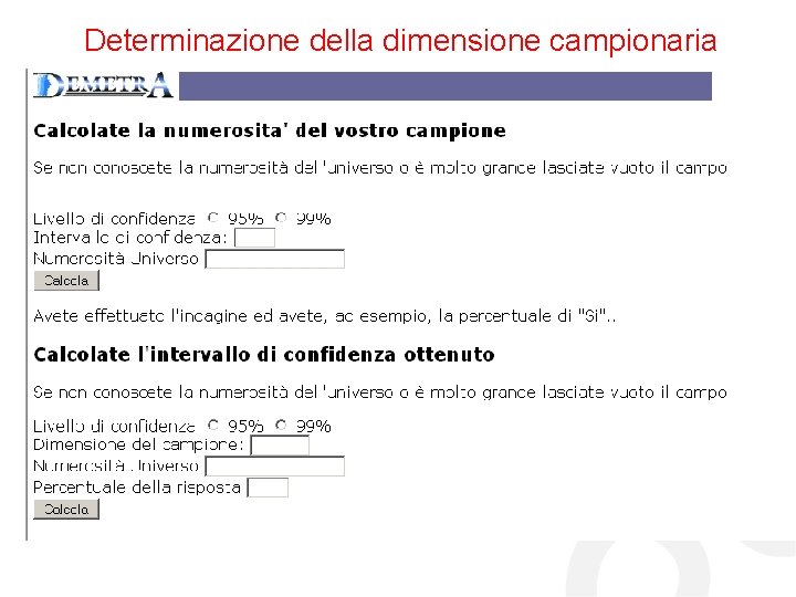 Determinazione della dimensione campionaria Per calcolare in modo automatico la numerosità del campione: http: