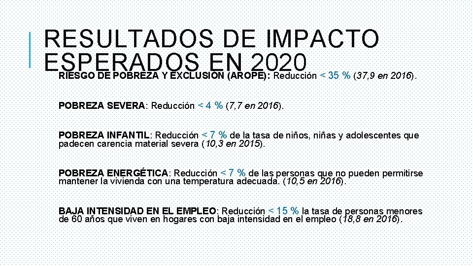 RESULTADOS DE IMPACTO ESPERADOS EN 2020 RIESGO DE POBREZA Y EXCLUSIÓN (AROPE): Reducción <