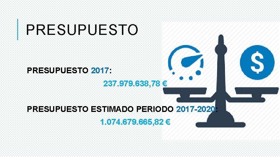PRESUPUESTO 2017: 237. 979. 638, 78 € PRESUPUESTO ESTIMADO PERIODO 2017 -2020: 1. 074.