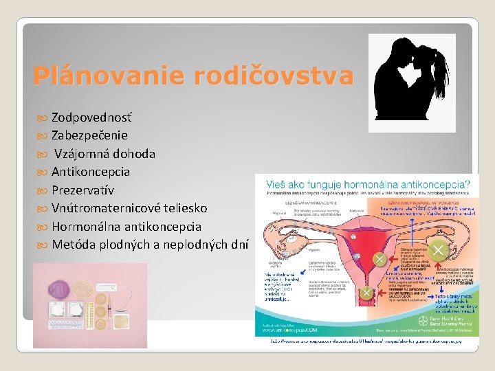 Plánovanie rodičovstva Zodpovednosť Zabezpečenie Vzájomná dohoda Antikoncepcia Prezervatív Vnútromaternicové teliesko Hormonálna antikoncepcia Metóda plodných