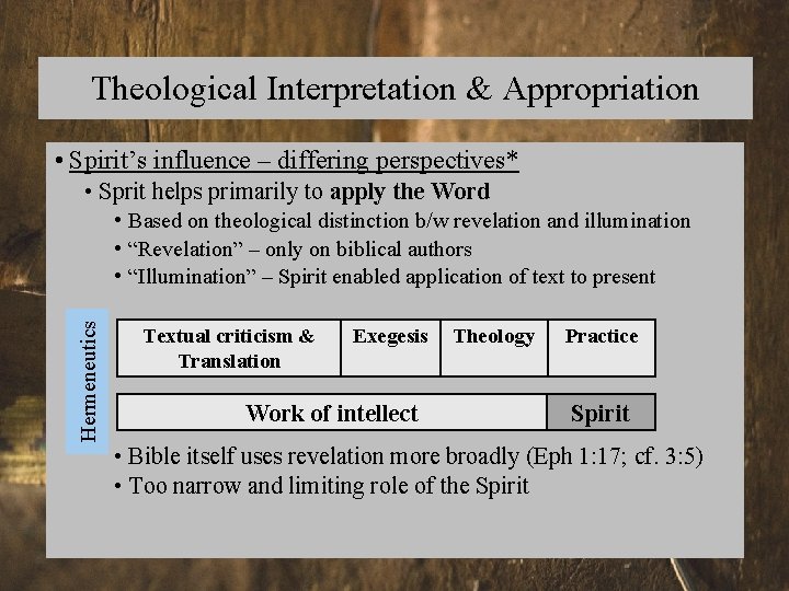 Theological Interpretation & Appropriation • Spirit’s influence – differing perspectives* • Sprit helps primarily