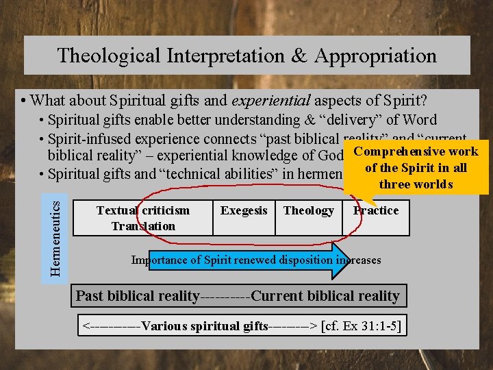 Theological Interpretation & Appropriation • What about Spiritual gifts and experiential aspects of Spirit?