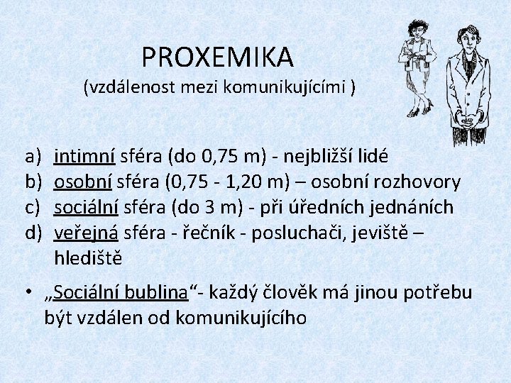 PROXEMIKA (vzdálenost mezi komunikujícími ) a) b) c) d) intimní sféra (do 0, 75