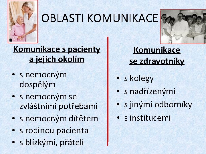 OBLASTI KOMUNIKACE Komunikace s pacienty a jejich okolím • s nemocným dospělým • s