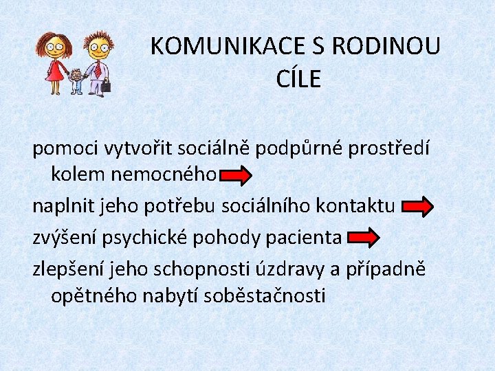 KOMUNIKACE S RODINOU CÍLE pomoci vytvořit sociálně podpůrné prostředí kolem nemocného naplnit jeho potřebu