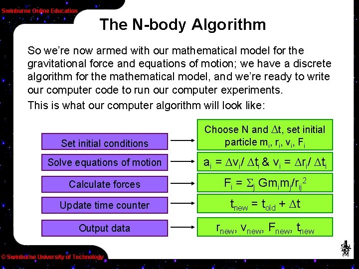 The N-body Algorithm So we’re now armed with our mathematical model for the gravitational