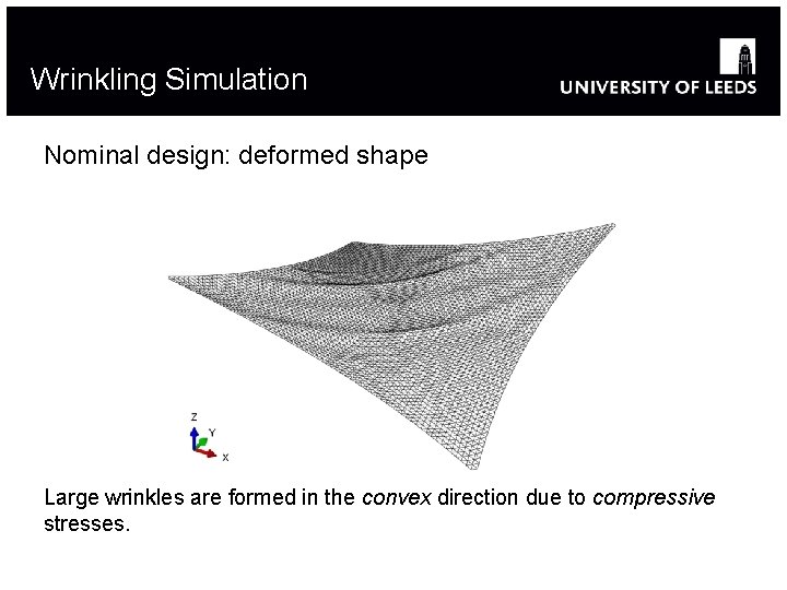 Wrinkling Simulation Nominal design: deformed shape Large wrinkles are formed in the convex direction Wrinkling Simulation Nominal design: deformed shape Large wrinkles are formed in the convex direction