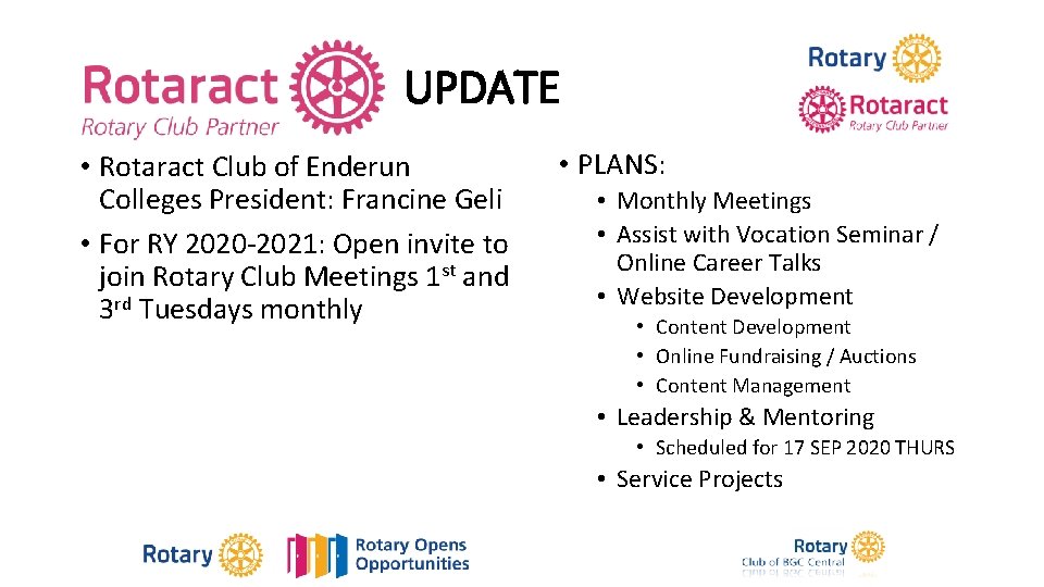 UPDATE • Rotaract Club of Enderun Colleges President: Francine Geli • For RY 2020